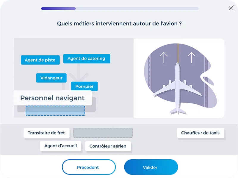 Cap aérien écran de quiz drag and drop de mots Un quiz de type drag and drop (cliquer déposer) sur la plateforme d'évaluation Cap Aérien