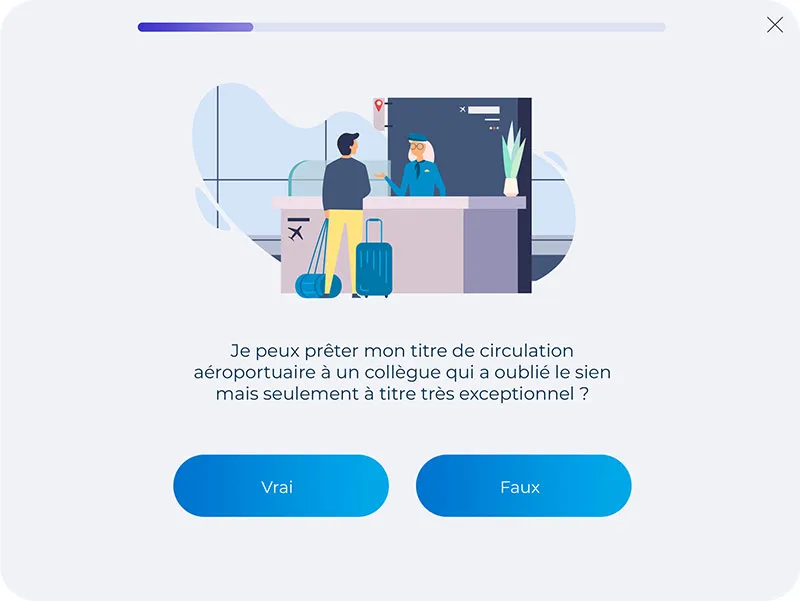 Cap aérien écran de quiz vrai/faux Un quiz de type vrai / faux sur la plateforme d'évaluation Cap Aérien